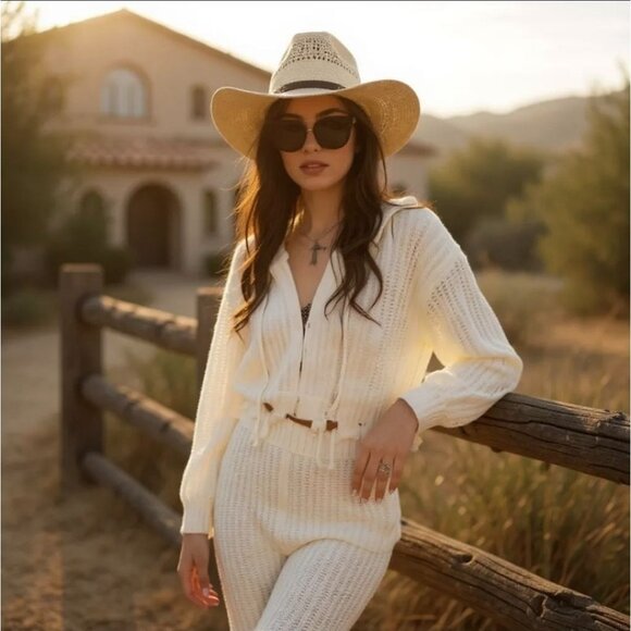 Vanilla Tough Cookie Knit Leggings Set w/ Hoodie Cardigan & Drawstring Waist S - Picture 2 of 3